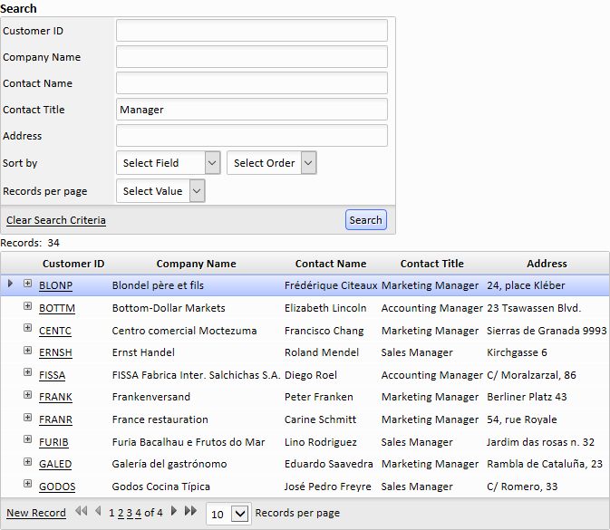 Typing "Manager" in the Contact Title field will filter the Grid to display only the records with the word "Manager" in the Contact Title field when the search is applied